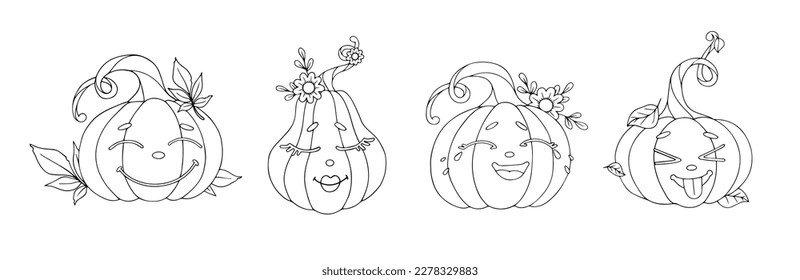 Funny pumpkin characters with autumn leaves, flowers. Halloween coloring pages. Vector graphics.