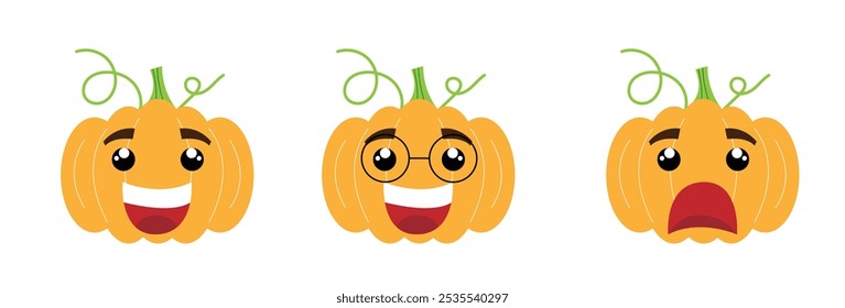 Divertidos personajes de calabaza de estilo plano. Otoño de fantasía vegetal criaturas ficticias Arte vectorial