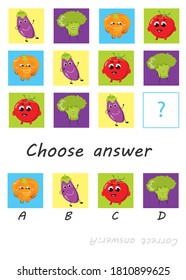 funny pumpkin, eggplant, tomato and brocoli,Logic game for kids, activity to children, task for the development of logical thinking and mind, cute cartoon vegetables