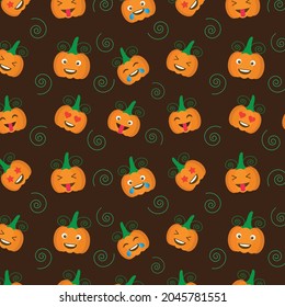 Funny pumpkin emoji seamless pattern  on dark brown background. Great for Halloween and Thanksgiving posters and backgrounds. 
