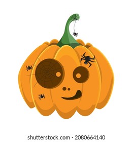 funny pumpkin with eyes, spider web with spiders, halloween element