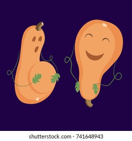 Funny pumpkin face. Isolated elements on dark-blue background. Cute halloween pumpkin lantern. Illustration for celebration autumn tradition holiday. Vector illustration.