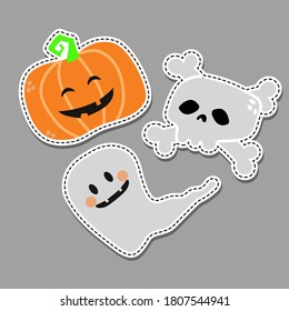 Funny pumpkin, ghost and skull stickers. Decorative image for Halloween.