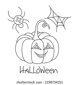 Calabaza divertida con una sonrisa, una araña y una tela. La inscripción Halloween. Libro de colorear vectores para niños.