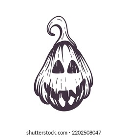 Funny pumpkin for Halloween. Engraved head of pumpkin with face forholiday. Isolated sketch on white background vector illustration