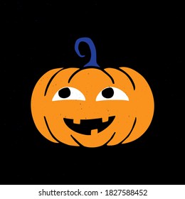 Funny pumpkin with happy face on black background. Cute Halloween icon. Vector shabby hand drawn illustration