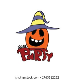 Funny pumpkin in a hat and text night party.A traditional element of Halloween. Vector illustration.