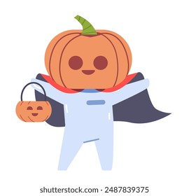 Funny pumpkin head character with cloak on isolated background. Halloween mascot flat vector illustration