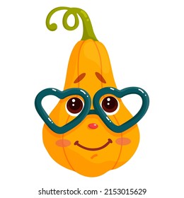 Funny pumpkin with heart-shaped glasses. Cartoon autumn character. Vector graphics.