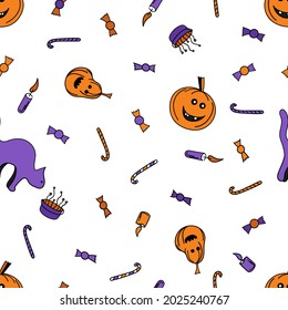 Funny pumpkin jack lantern, mitic cats and candies seamless pattern. Vector illustration for holiday happy Halloween decor.