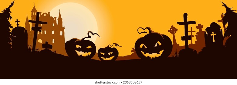 Funny pumpkin lanterns in a gloomy graveyard. Vector illustration, backgrounds for Halloween.	