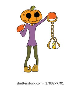 Funny pumpkin man holding a lamp on a chain. Vector design banners or postcards for Halloween