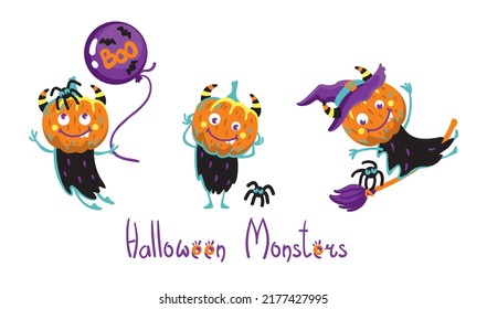 Funny pumpkin monsters.  Halloween illustration. Kids print. Vector.