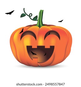 Funny pumpkin on heeluiin. Smiling. Bats are flying around. On a white background. Vector, illustration