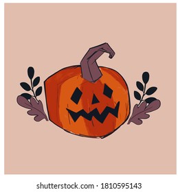 funny pumpkin on purple background. Orange pumpkin with smile for your design for the holiday Halloween.Day of the dead. Vector illustration.