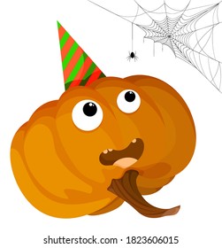 funny pumpkin party boy looks at spider and web. Thanksgiving autumn harvest. Autumn Halloween pumpkins. Edible plants. Isolated vector on white background in cartoon style