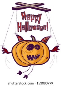 Funny pumpkin puppet with horns, wings and legs. Text Happy Halloween.