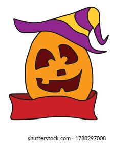 Funny pumpkin with a ribbon. Vector design for Halloween banners and postcards
