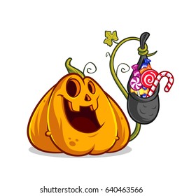 Funny pumpkin, she has a bag with candies