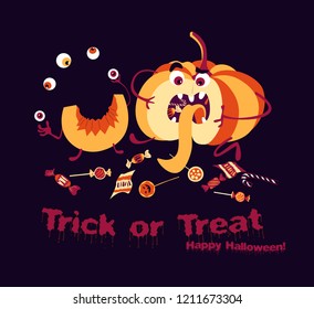 
Funny pumpkin sitting and eating candy and sweets on Halloween after trick or treat. Vector  illustration EPS10 for comic greeting card, promotion, funny poster, flier, blog, article, social media. 
