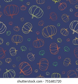 Funny pumpkin sketch seamless pattern blue and autumn colour