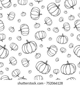 Funny pumpkin sketch seamless pattern black-n-white and transperant background