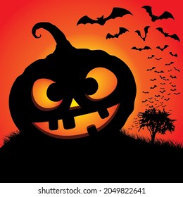 FUNNY PUMPKIN SMILING WITH A SUNSET BACKGROUND AND BATS FLYING BACK