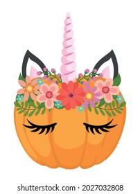 Funny pumpkin unicorn for Halloween, Unicorn head with flower crown, Unicorn Face. Illustration for card and shirt design for autumn holidays. Happy Harvest, Thanksgiving or Halloween decoration.