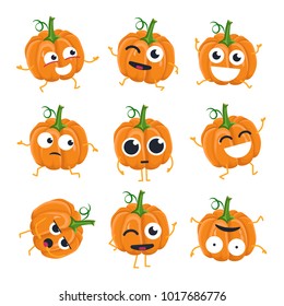 Funny pumpkin - vector isolated cartoon emoticons. Cute emoji set with a nice character. A collection of angry, surprised, happy, cheerful, crazy, laughing, sad vegetables on white background