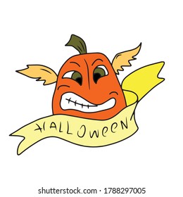 Funny pumpkin with wings and a ribbon with text.Vector design for Halloween banners and postcards