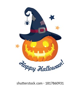 Funny pumpkin in a witch hat with the inscription Happy Halloween. Vector, white background.