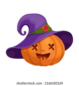 Funny pumpkin in a witch's hat for the holiday Halloween.Cartoon vector graphics.