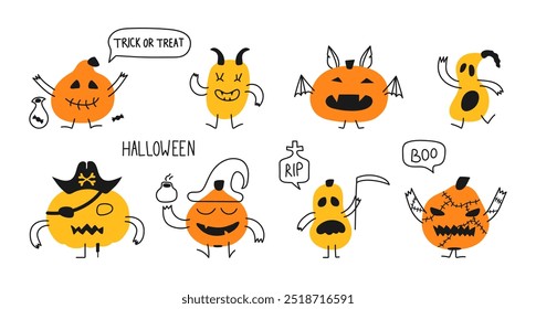 Funny Pumpkins with arms and legs,different faces for Halloween. Cute hand drawn characters for decorating banners, posters, holiday event. Death scythe, bat, wizard bottle of magic elixir, pirate.