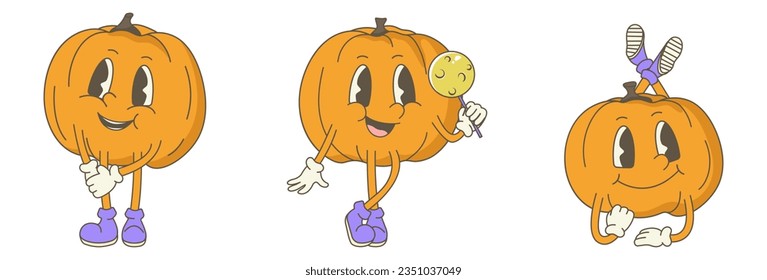 Funny pumpkins characters. Characters for Halloween. Retro cartoon style illustration.