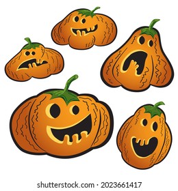 Funny pumpkins. A collection of 5 images. Halloween print.