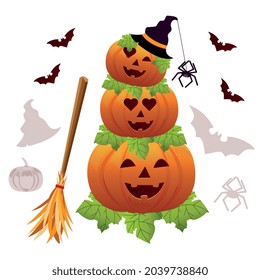 Calabazas divertidas con diferentes emociones. Los murciélagos están volando. Imagen vectorial al estilo de los niños sobre un fondo blanco.