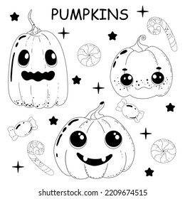 Funny pumpkins with different emotions. Doodle set of outline black and white for Halloween. Design for holiday greeting card and invitation, flyers, posters, banner halloween party holiday