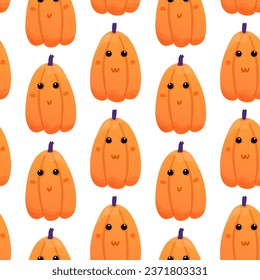 Funny pumpkins with faces in a seamless pattern. Background for packaging, paper, kitchen fabrics