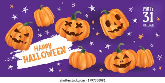 Funny pumpkins, Halloween background.
Vector illustrations.