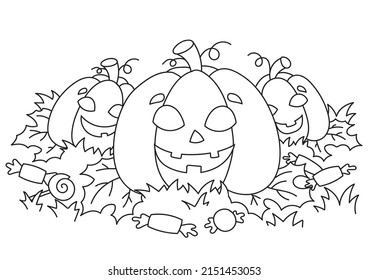 Funny pumpkins. Halloween theme. Coloring book page for kids. Cartoon style. Vector illustration isolated on white background.