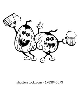 Funny pumpkins with mugs. Halloween illustration. Black and white drawing.