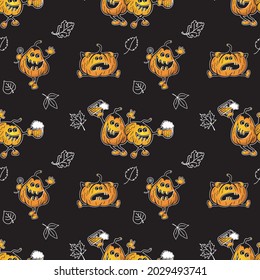 Funny pumpkins on a black background. Seamless pattern. Halloween print.