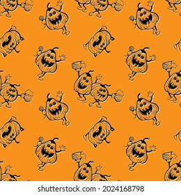 Funny pumpkins on an orange background. Seamless pattern. Halloween print.