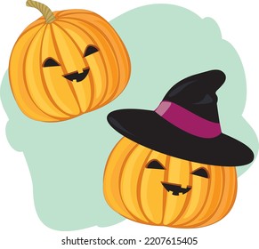 Funny pumpkins. Pumpkin in a hat. Halloween. Pumpkin and witch hat. Autumn vector illustration. October, holiday