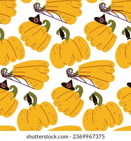 Funny pumpkins with seamless pattern of black bat, witch hat, spider web. Yellow pumpkins on a white background. Seamless cute texture. Witch, mystic. Vector illustration in a flat style for Halloween