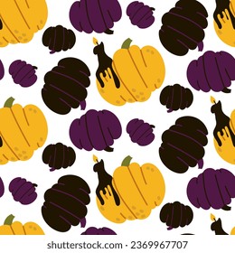 Funny pumpkins with a seamless pattern and a black candle. Yellow, purple and black pumpkins on a white background. Seamless cute texture. Witch. Vector illustration in a flat style for Halloween