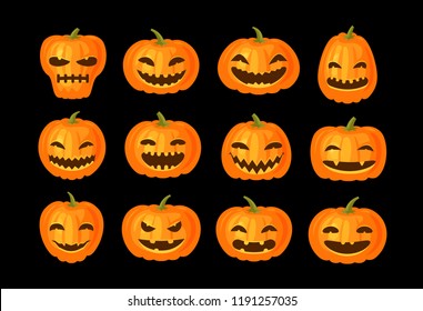 Funny pumpkins, set. Halloween symbol. Cartoon vector illustration