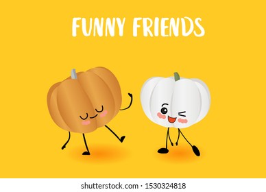 Funny pumpkins. Useful vegetables. Yellow autumn background. Vegetarianism.