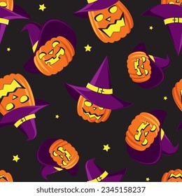 Funny calabazas en el patrón impecable del sombrero de bruja. Ilustración vectorial de Halloween.