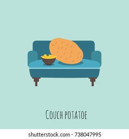 Funny pun concept of a couch potato eating chips. Vector illustration. Modern design.